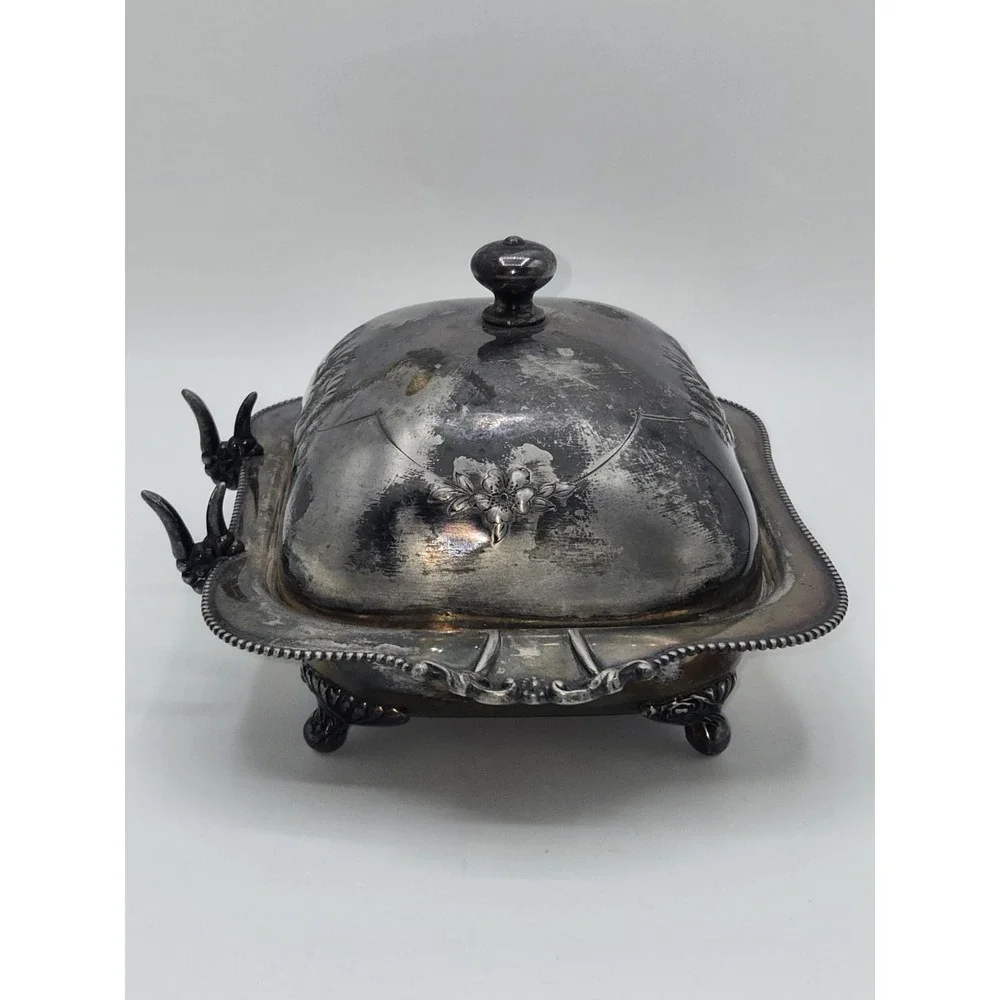 Antique Pairpoint Quadruple Plate Silverplate Covered Butter Dish Floral Lid